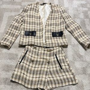 Zara tweed blazer and shorts set tan beige black